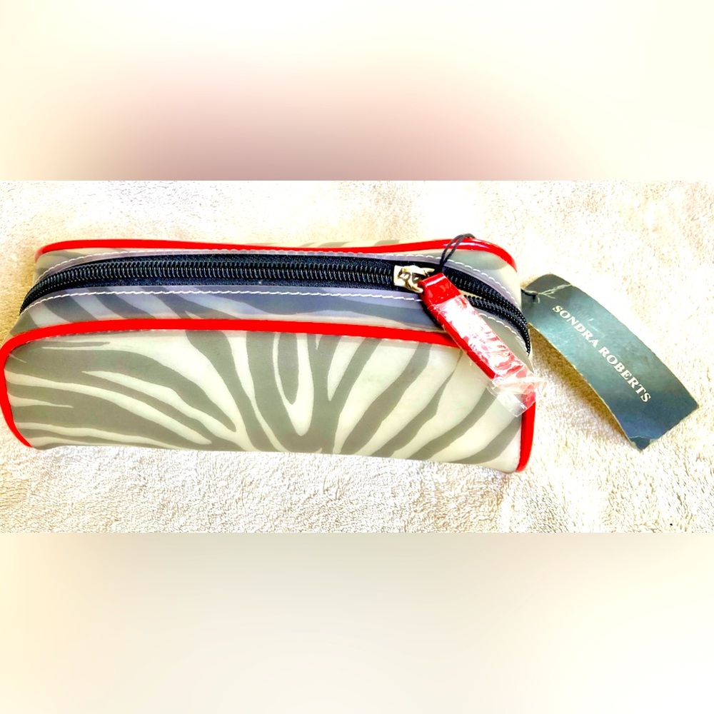 Vintage Sondra Roberts Frosted Vinyl Zebra Makeup / Brush Bag